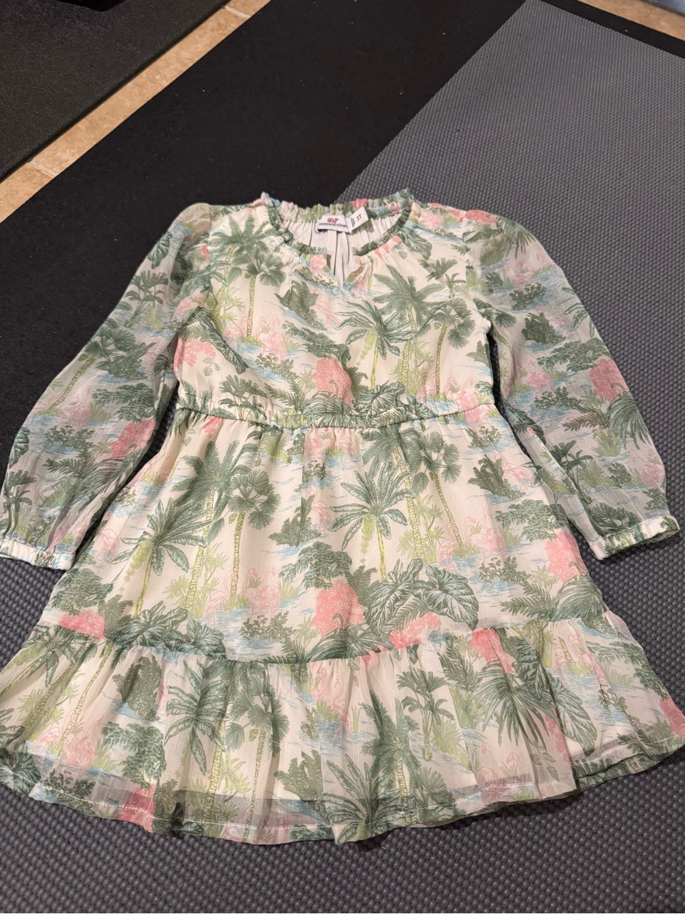 Vineyard Vines Girls' Palm Print Dress - Green & Pink